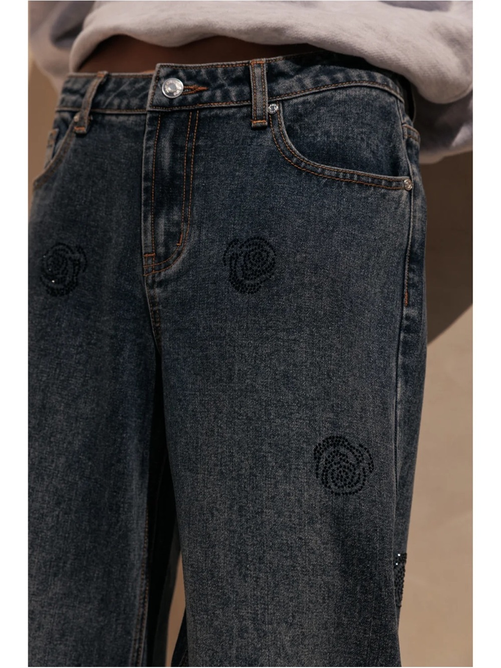Rose Rhinestone Low Rise Slouchy Jean - Picture 2 of 13